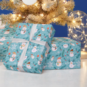 Schattige Sneeuwmannen Sneeuwvlokken Groene Kerstm Cadeaupapier