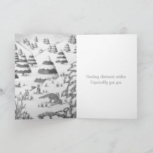 schattige sneeuwscène met fox en konijnen feestdagen kaart (Binnen)