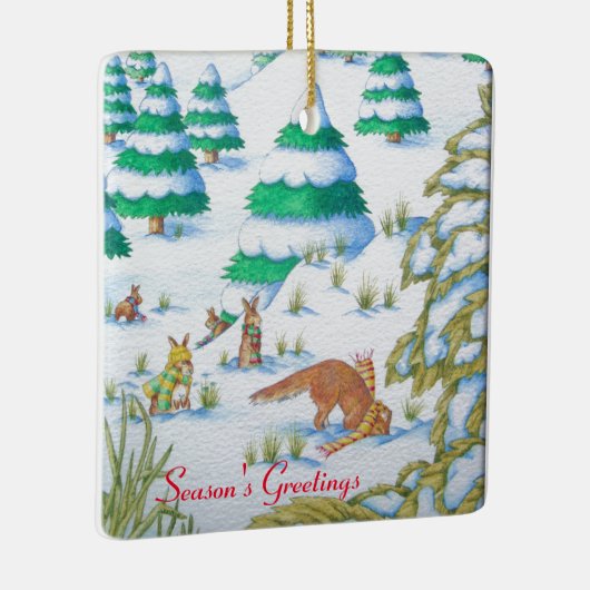 schattige sneeuwscène met fox en konijnen keramisch ornament (Rechts)