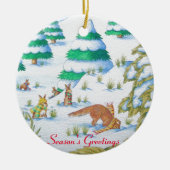 schattige sneeuwscène met fox en konijnen keramisch ornament (Voorkant)