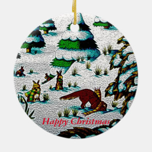 schattige sneeuwscène met fox en konijnen keramisch ornament