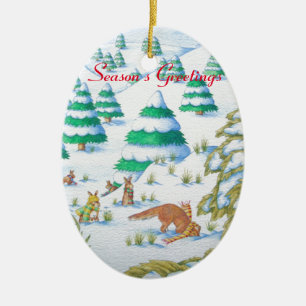 schattige sneeuwscène met fox en konijnen keramisch ornament