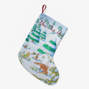 schattige sneeuwscène met fox en konijnen kleine kerstsok