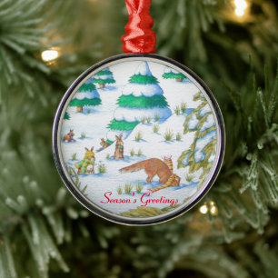 schattige sneeuwscène met fox en konijnen metalen ornament