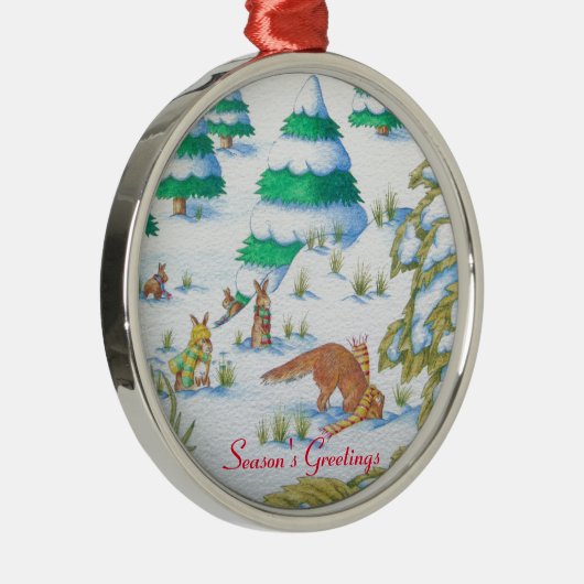 schattige sneeuwscène met fox en konijnen metalen ornament (Rechts)