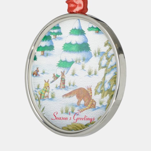 schattige sneeuwscène met fox en konijnen metalen ornament (Links)