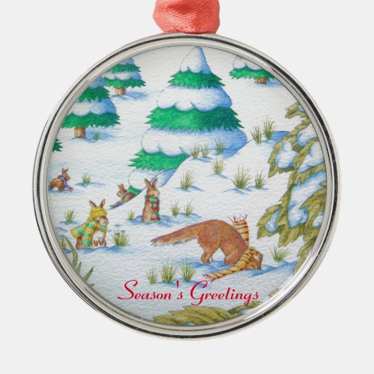 schattige sneeuwscène met fox en konijnen metalen ornament (Voorkant)