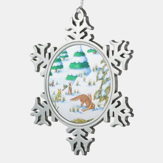 schattige sneeuwscène met fox en konijnen tin sneeuwvlok ornament (Rechts)