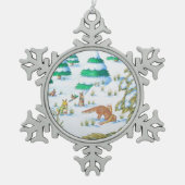 schattige sneeuwscène met fox en konijnen tin sneeuwvlok ornament (Voorkant)