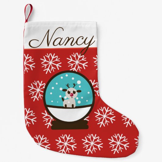 Schattige Snowglobe-rendier met Snowflakes Kleine Kerstsok (Voorkant)