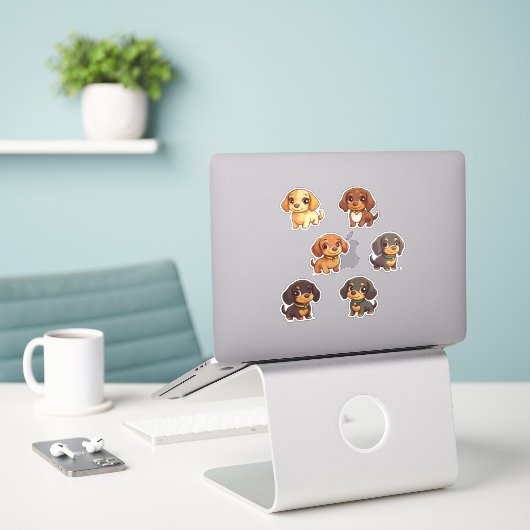 Schattige speelse teckel Cartoon Dog Sticker Art (Laptop op bureau)