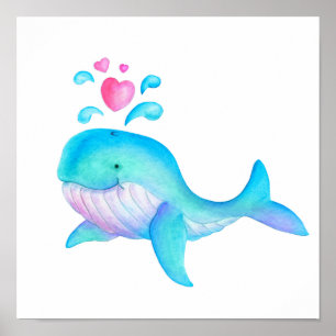 Schattige speelse walvis hart spuitende kinderkame poster