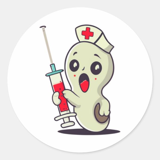 Schattige spookverpleegster die injectie vasthoudt ronde sticker (Voorkant)