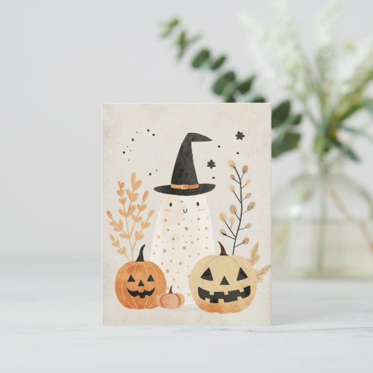 Schattige & Spooky Ghost met Jack-o'-Lanterns Hall Briefkaart (Staand voorkant)