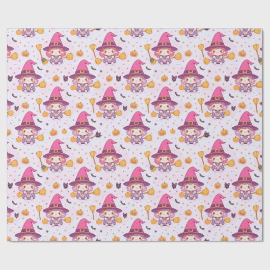 Schattige Spooky Halloween Pattern Met Heksenpompo Cadeaupapier (Vlak)