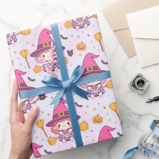Schattige Spooky Halloween Pattern Met Heksenpompo Cadeaupapier