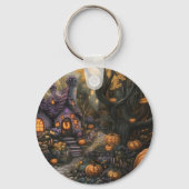 Schattige Spooky House en Halloween pompoen patch Sleutelhanger (Voorkant)