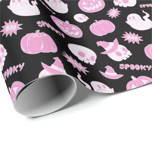 Schattige Spooky Zwart en Roze Halloween Pattern Cadeaupapier (Rol Hoek)