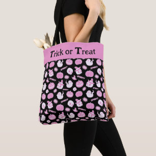 Schattige Spooky Zwart en Roze Halloween Pattern Draagtas