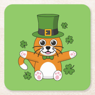 Schattige St. Patrick's Day kat met Shamrock Carto Vierkante Kartonnen Onderzetter