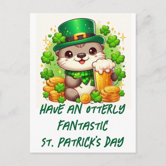 Schattige St. Patricks Day Otter met bier en goud Briefkaart (Voorkant)