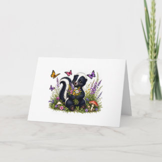 Schattige stinkdier met bloemen en vlinders kaart