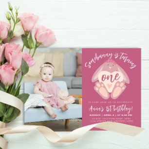 Schattige stoffig roze wat konijn 1st bday party f kaart