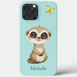 Schattige stokstaartje en vlinder op turquoise iPhone 13 pro max hoesje