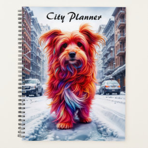 Schattige straathond in ijskoud winterstadsbeeld planner