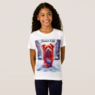 Schattige straathond in ijskoud winterstadsbeeld t-shirt