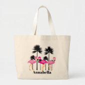 Schattige strand roze flamingo Naam toevoegen canv Grote Tote Bag (Voorkant)