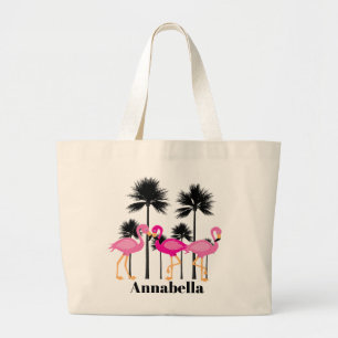 Schattige strand roze flamingo Naam toevoegen canv Grote Tote Bag