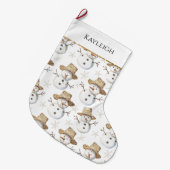 Schattige Strand Sneeuwman Kerst Gouden Glitter Grote Kerstsok (Voorkant (Hangend))