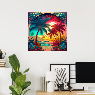 Schattige strandhuis palmboom poster