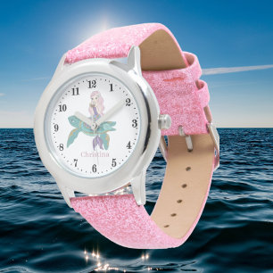 schattige strandmermaïde fantasie voeg naam toe horloge