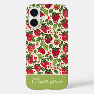 Schattige Strawberry Design met aangepaste naam iPhone 16 Hoesje