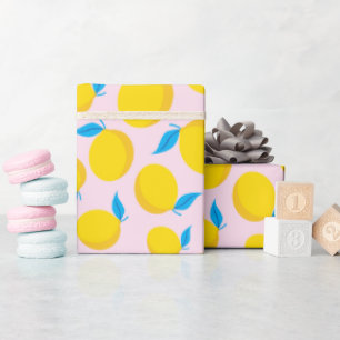 Schattige Sunny Yellow Lemon Pattern Roze Naadloos Cadeaupapier