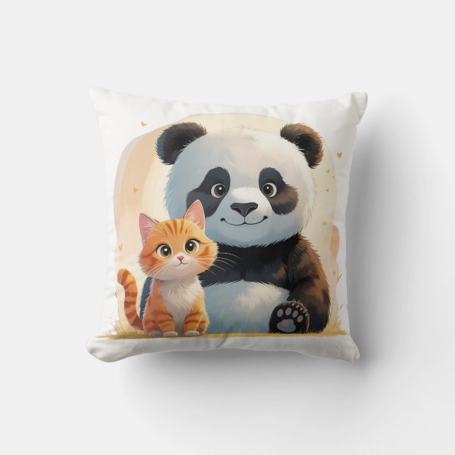 Schattige Tabby Cat & Giant Panda - Speelse Vriend Kussen (Voorkant)