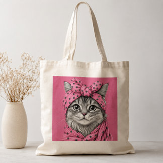 Schattige Tabby Kat in Retro Roze Stippen Bandana Tote Bag