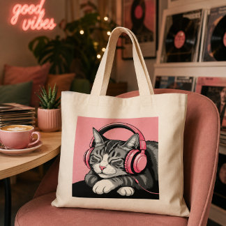 Schattige tabbykat die naar muziek luistert met ko grote tote bag
