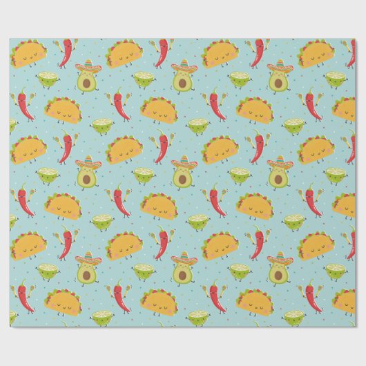 Schattige Taco's Avocado Chili Limoen Party Blauw Cadeaupapier (Vlak)