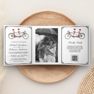 Schattige Tandem Fiets Foto QR Code Trouwen Drieluik Uitnodiging
