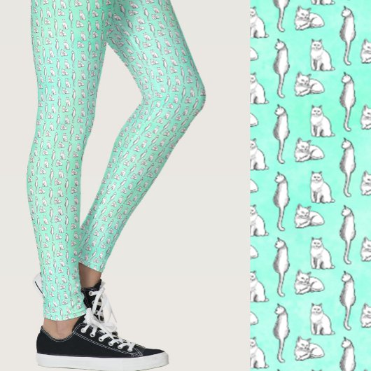 Schattige Teal Katten Fantasievol Patroon Leggings