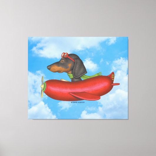 Schattige teckel in rode worst vliegtuig canvas afdruk (Voorkant)