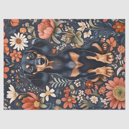 Schattige Teckel Levendige Bloemen Decoupage Tissuepapier (Voorkant)