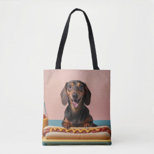 Schattige teckel met hotdog draagtas