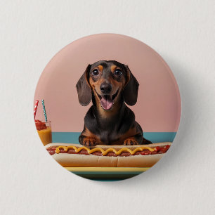 Schattige teckel met hotdog ronde button 5,7 cm