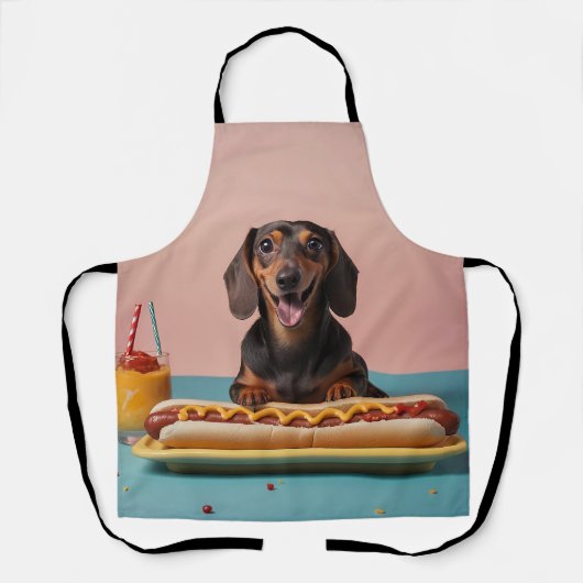 Schattige teckel met hotdog schort (Voorkant)