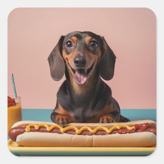 Schattige teckel met hotdog vierkante sticker (Voorkant)