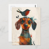 Schattige teckel met vogelhand beschilderd briefkaart (Voorkant / Achterkant)